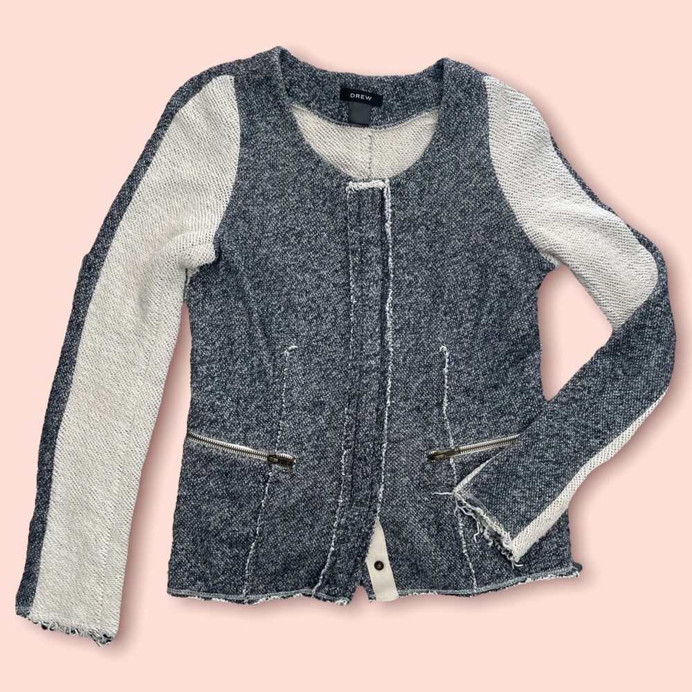 Drew Zipper Front Ivory Blue Tweed Look Sweater Jacket Raw Edges SMALL